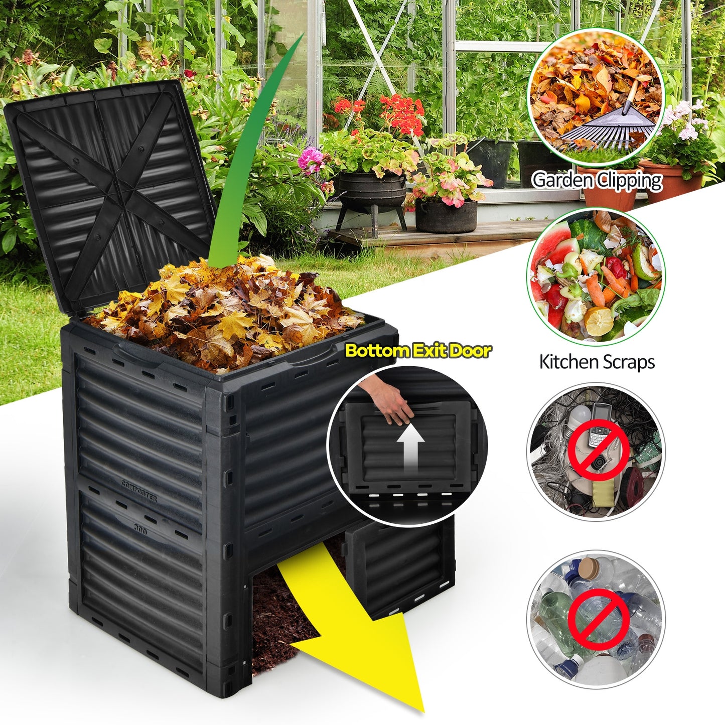 Composteur Extérieur 80 Gallons, Grand Couvercle Ouvrable, Porte de Sortie Inférieure, Noir