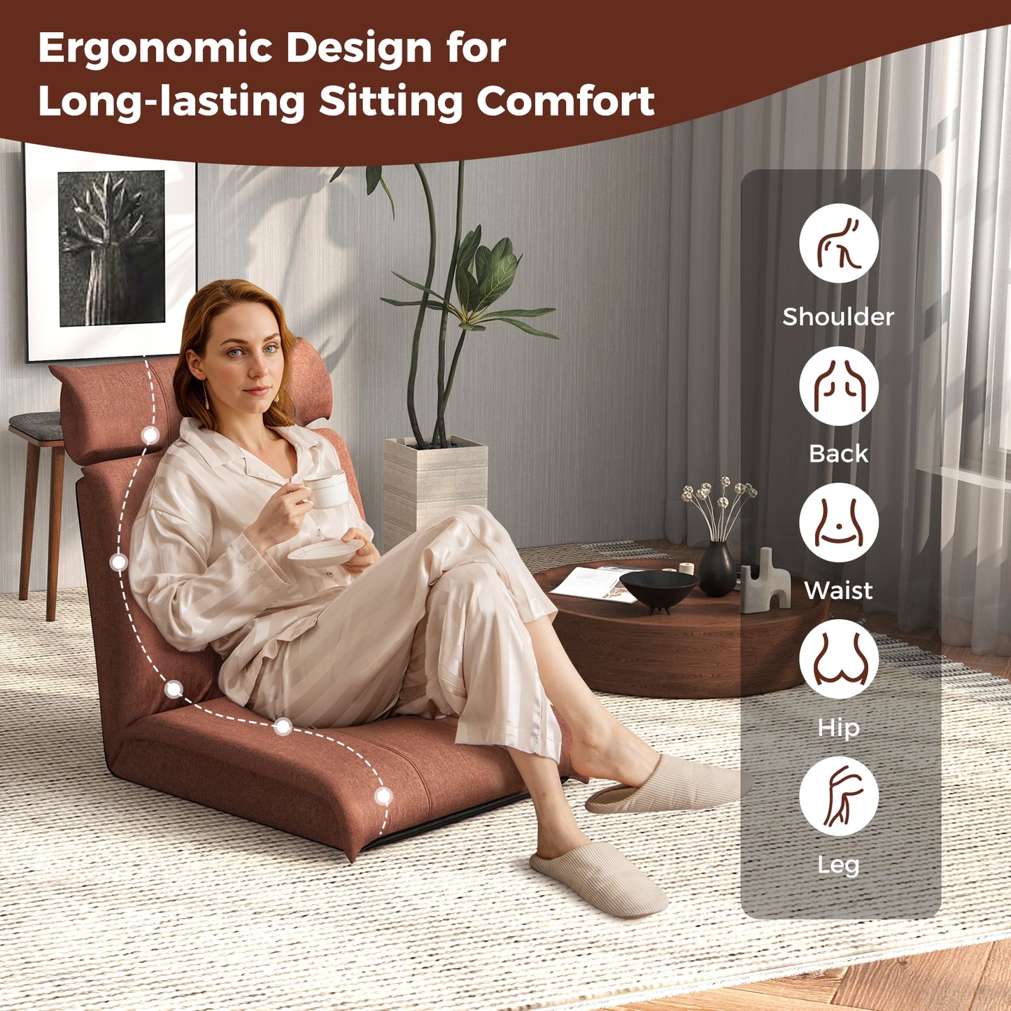 Chaise de sol pliante, dossier réglable en 14 positions, appui-tête réglable en 5 positions, marron