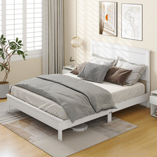 Queen Size Bed Frame, Platform Slat, High Headboard, White