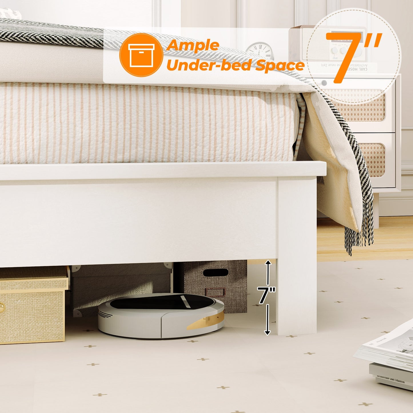 Cadre de lit Queen Size, Plateforme à lattes, Tête de lit haute, Blanc