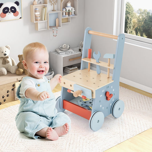 2-in-1 Toddler Wooden Baby Push Walker with Multi-Activity Center, Blue Baby Gyms & Playmats Blue at Gallery Canada