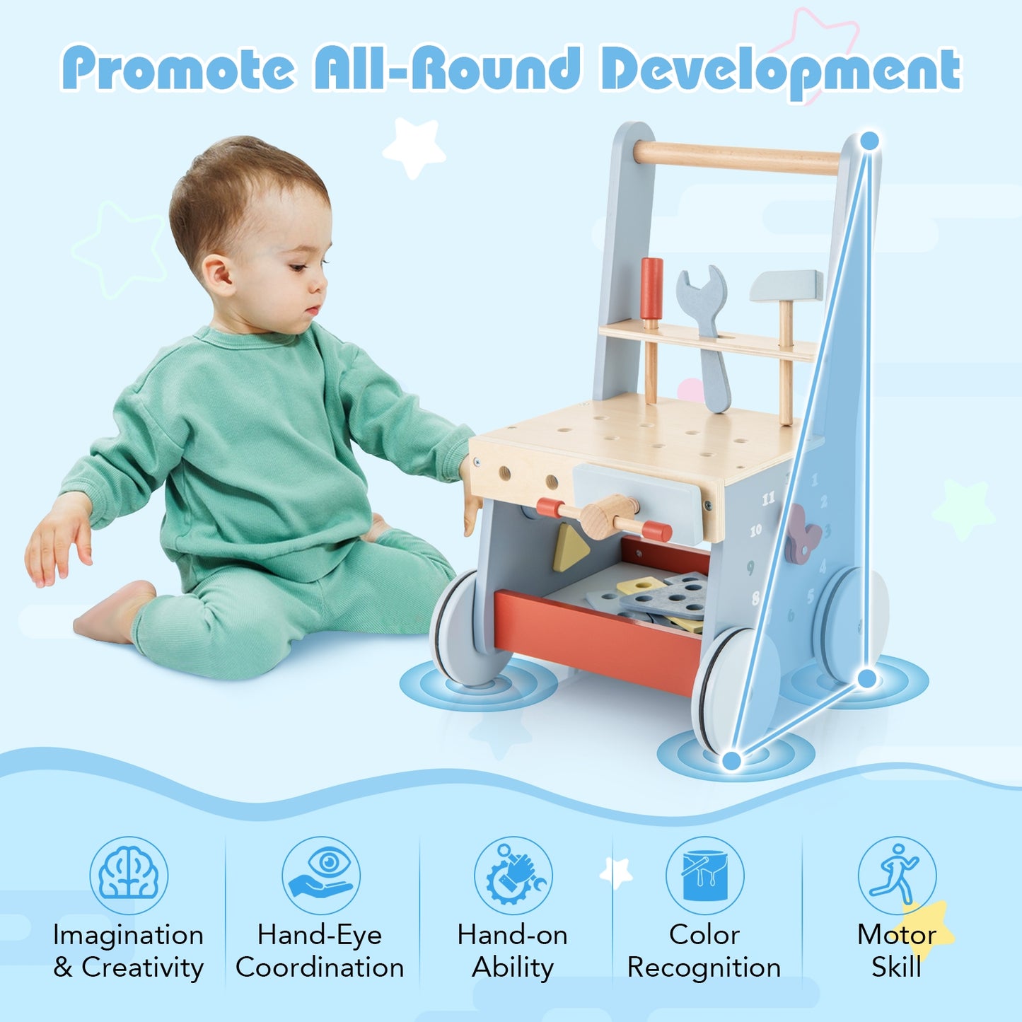2-in-1 Toddler Wooden Baby Push Walker with Multi-Activity Center, Blue