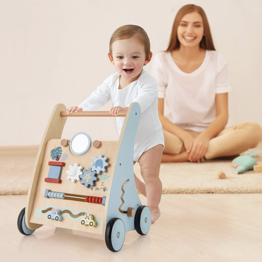 Wooden Baby Push Pull Walker, Multi-Activity Learning Center, Blue Baby Gyms & Playmats Blue at Gallery Canada