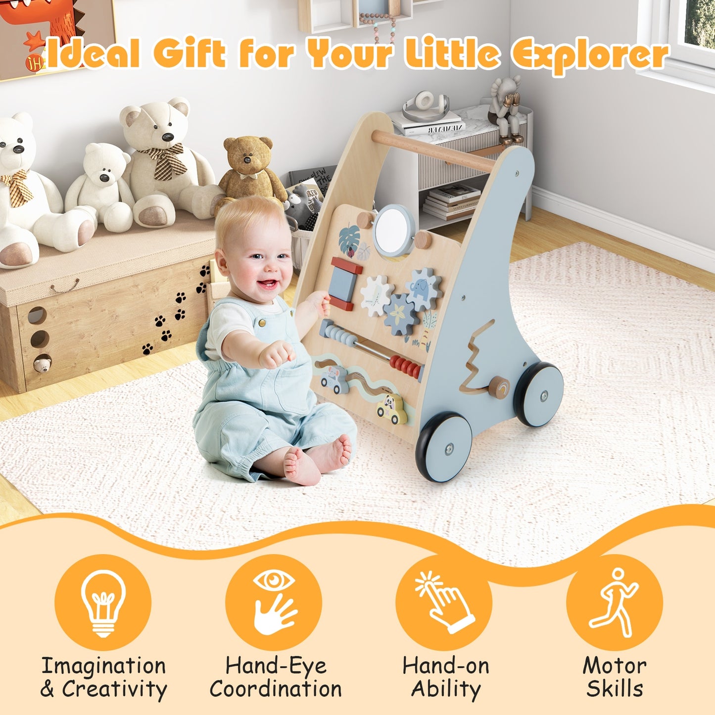 Pousseur-Tireur en Bois pour Bébé, Centre d'Activités Multi-Apprentissages, Bleu