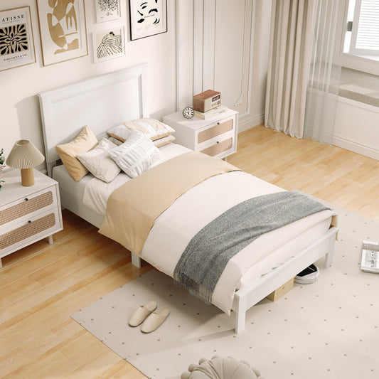 Twin Size Wooden Bed Frame, Headboard, Slat Support, White Simple Bed Frame White at Gallery Canada