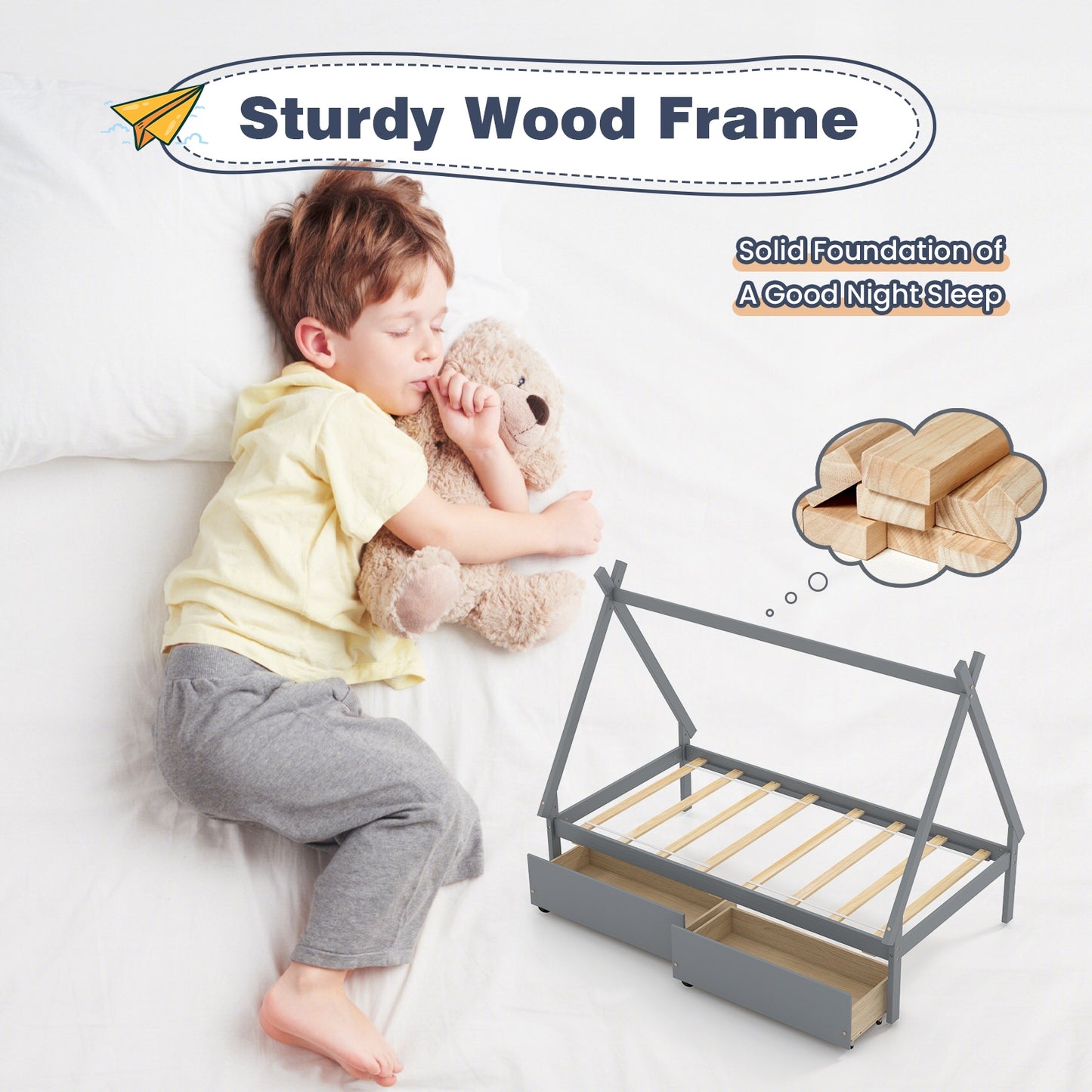 Lit plateforme en bois de taille jumelle avec tente et 2 tiroirs, gris
