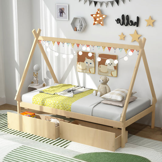 Twin Size Wooden Tent Platform House Bed with 2 Drawers, Natural Simple Bed Frame Natural at Gallery Canada