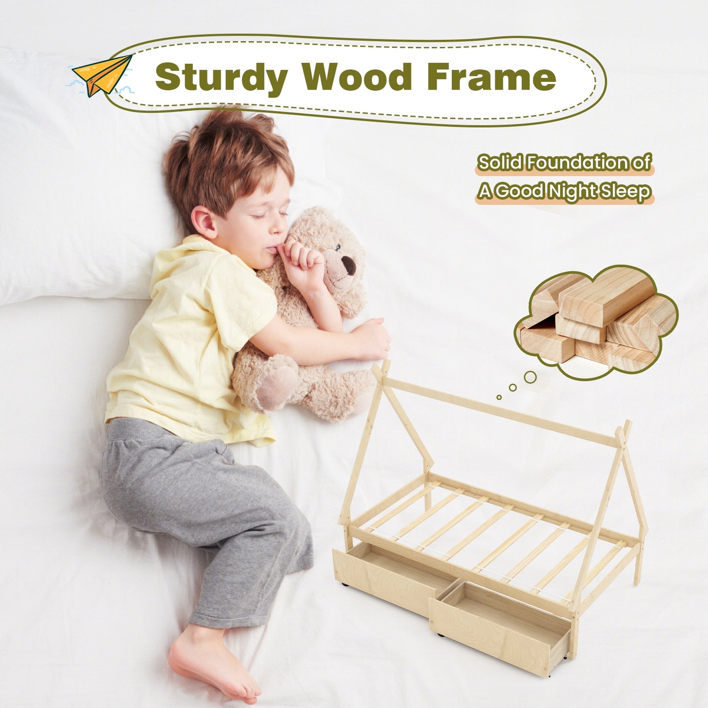 Lit maison plate-forme de tente en bois taille jumelle, 2 tiroirs, naturel