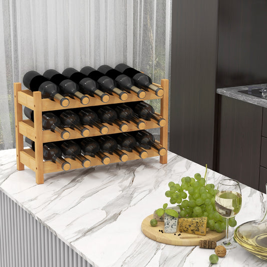 3-Tier Bamboo Freestanding Countertop Wine Bottle Organizer, Natural