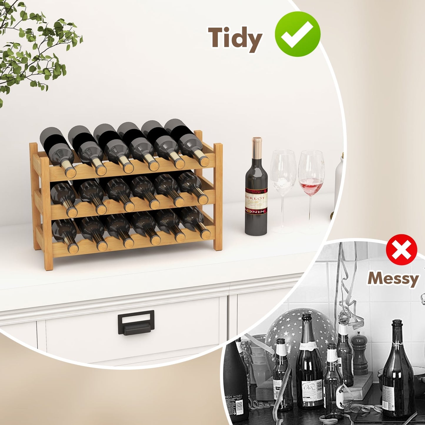 3-Tier Bamboo Countertop Wine Bottle Organizer, Natural Wine Racks at Gallery Canada