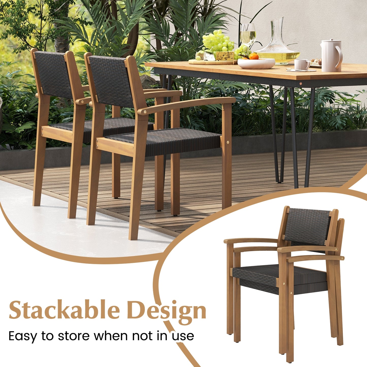 Ensemble de 2 chaises de salle à manger empilables en osier pour extérieur, couleur naturelle