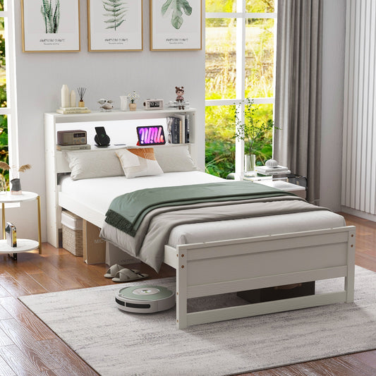 Twin Size Bed Frame with Storage Headboard and Charging Station, White Toddler Beds White at Gallery Canada