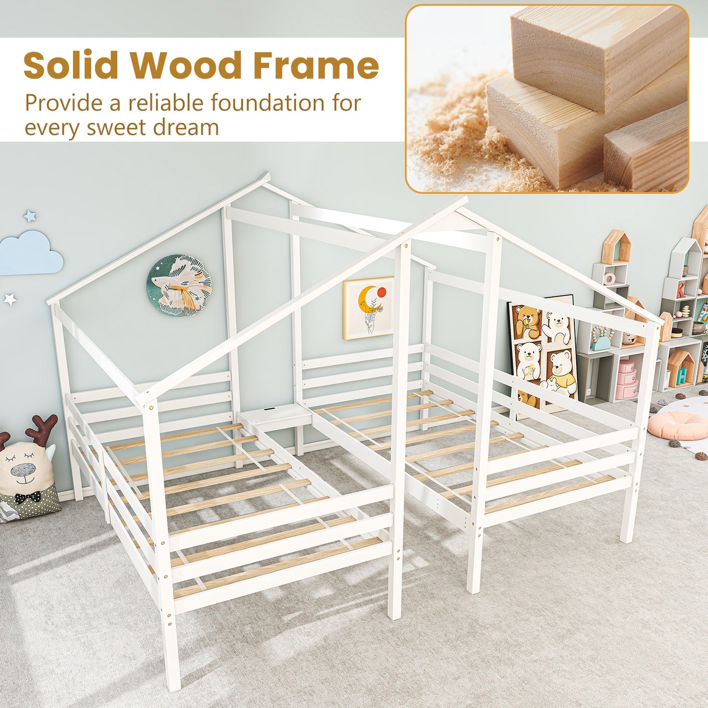 Double Twin Size Wooden Bed Frames with Built-in Table for Kids, White Bunk Bed Frame at Gallery Canada