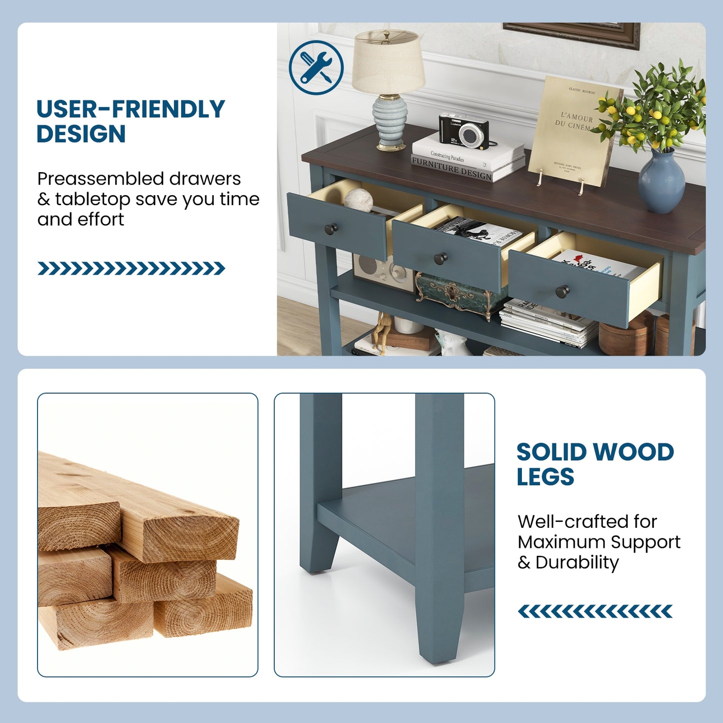 50 Inch Entryway Table Narrow Long Sofa Table with Drawers and Shelves, Dark Blue Console Tables at Gallery Canada