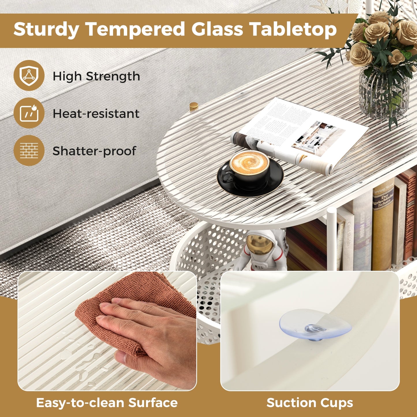Table basse mobile en verre 2 niveaux, motif ours, blanc