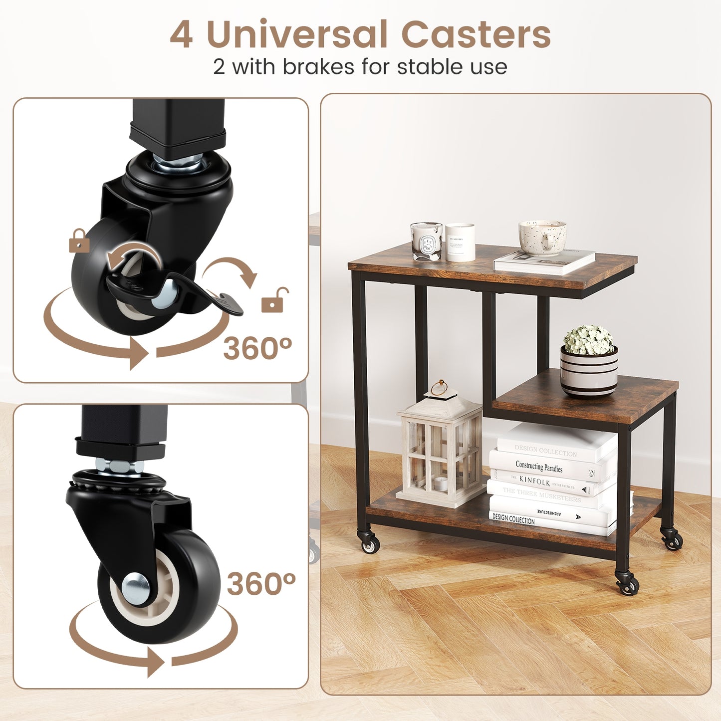 G-shaped Side Table 3-Tier Mobile End Table with Open Shelves, Rustic Brown End & Side Tables at Gallery Canada