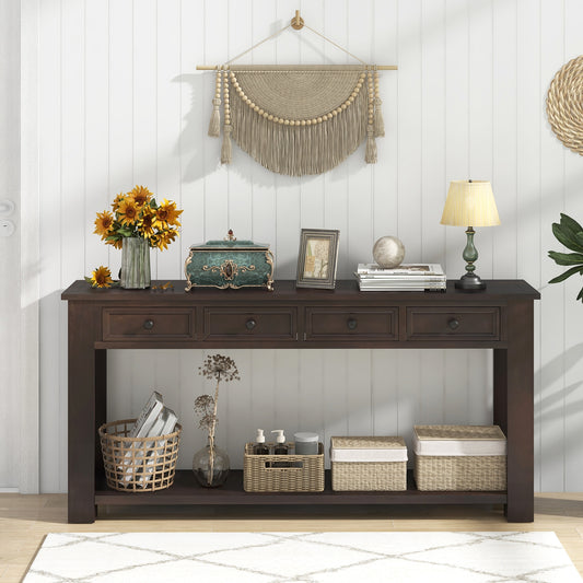 63 Inch Farmhouse Entryway Table, 4 Storage Drawers, Open Shelf, Espresso Console Tables Espresso at Gallery Canada
