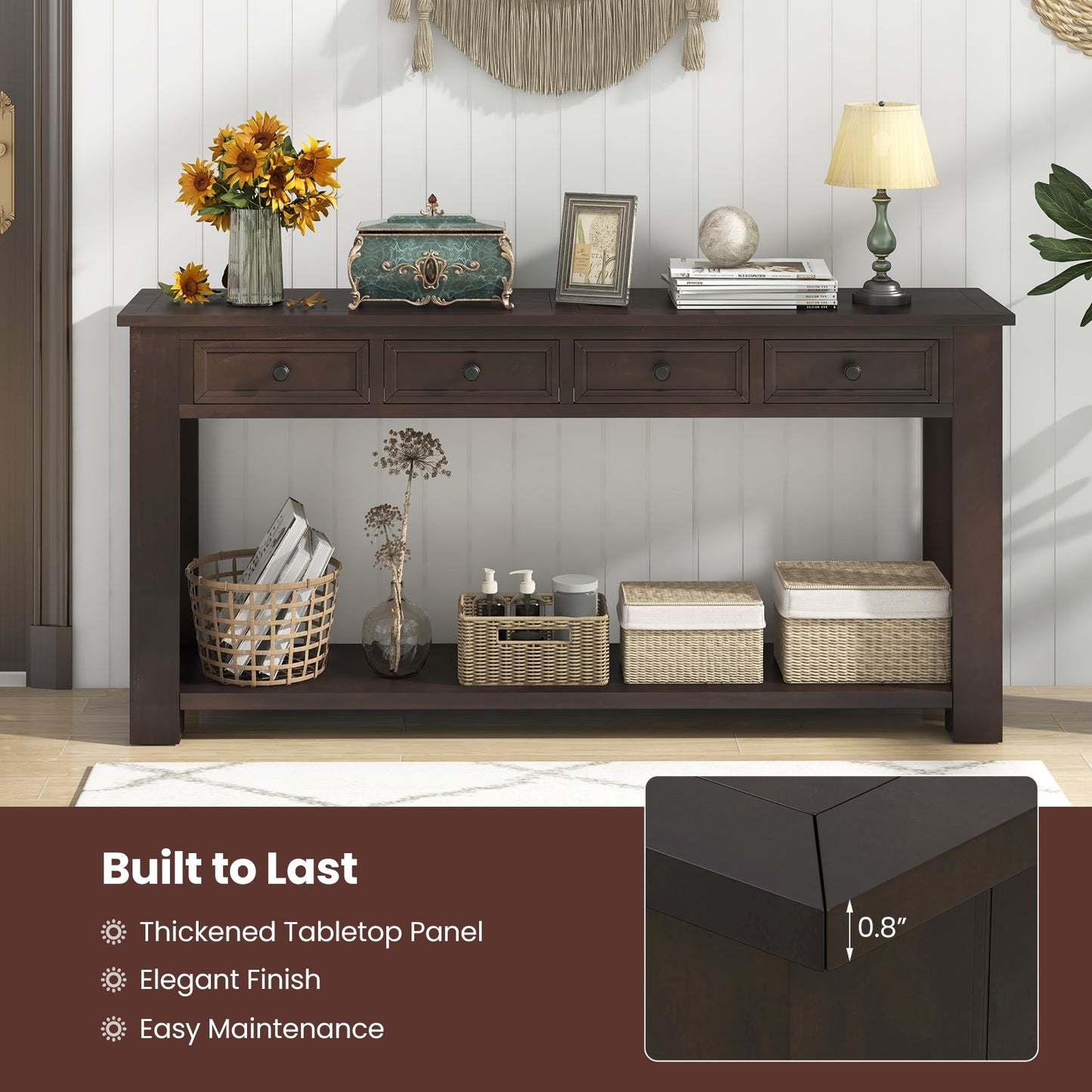 63 Inch Farmhouse Entryway Table, 4 Storage Drawers, Open Shelf, Espresso Console Tables at Gallery Canada