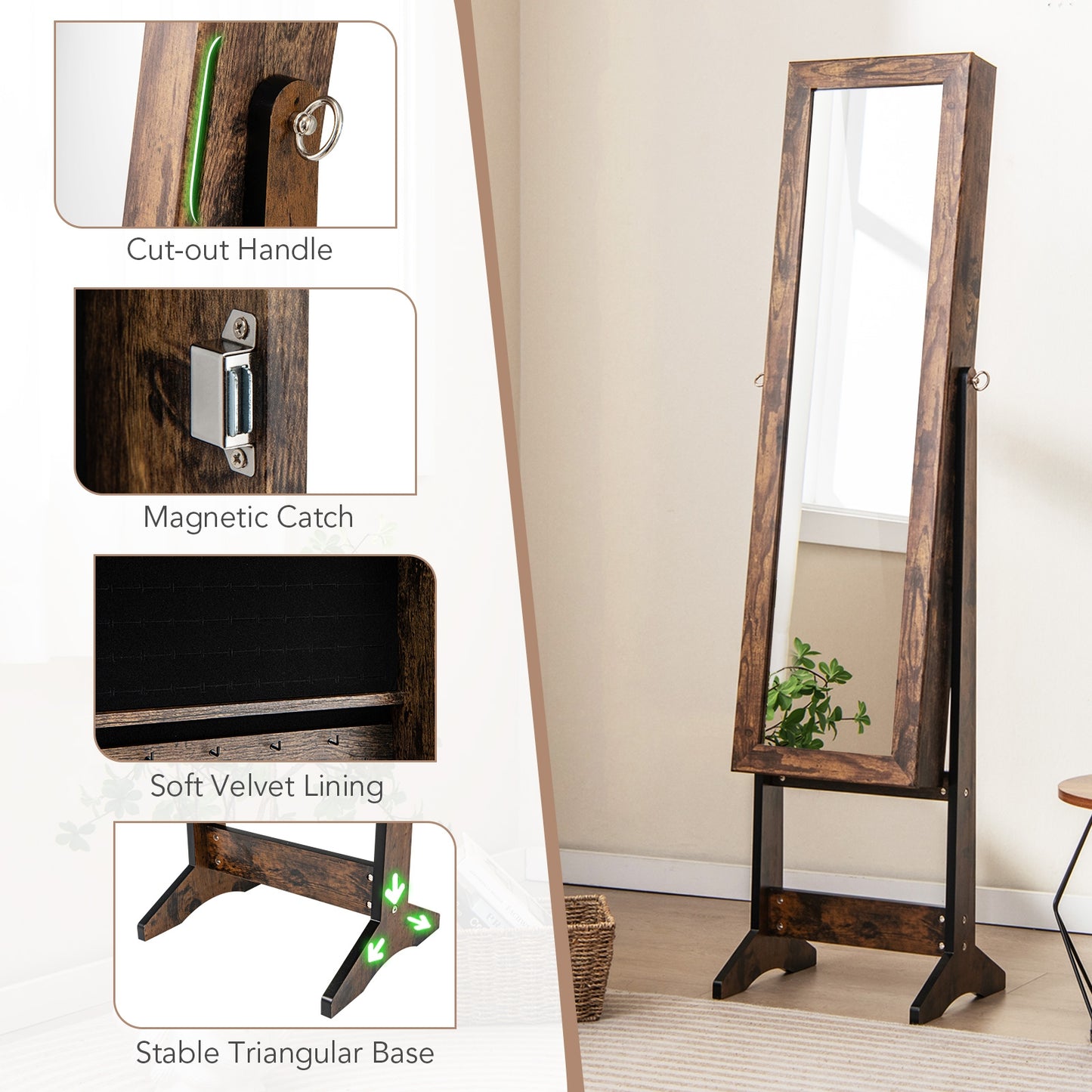 Mirrored Standing Jewelry Cabinet Storage Box, Brown Jewelry Armoires at Gallery Canada