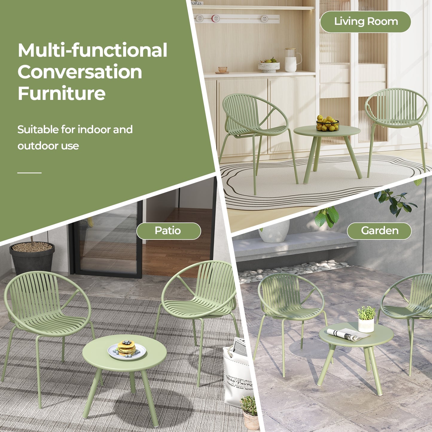 Ensemble de Conversation pour Patio, Table Basse Ronde, 2 Chaises, Vert