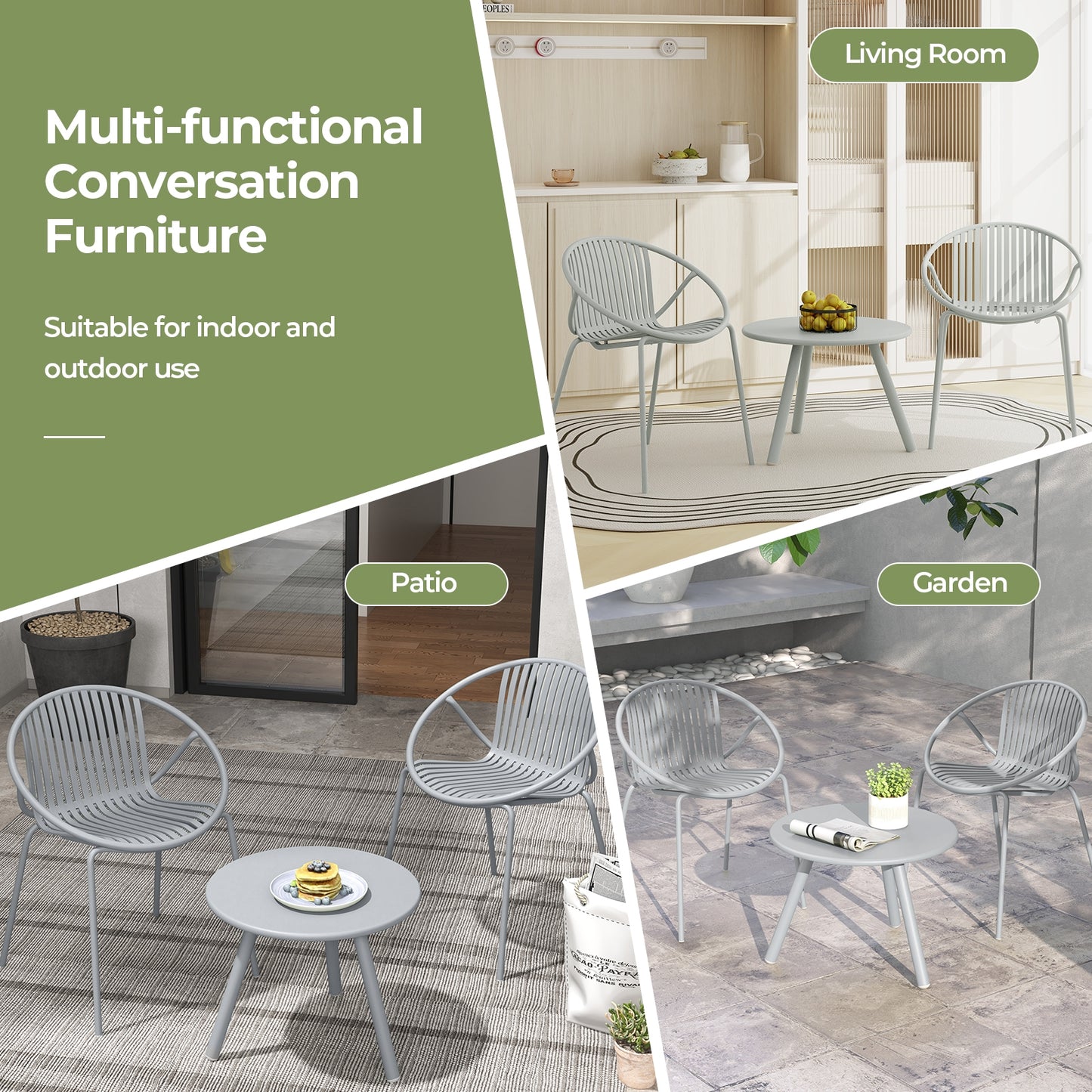 Ensemble de conversation pour patio en PP toutes saisons, table basse ronde, 2 chaises, gris
