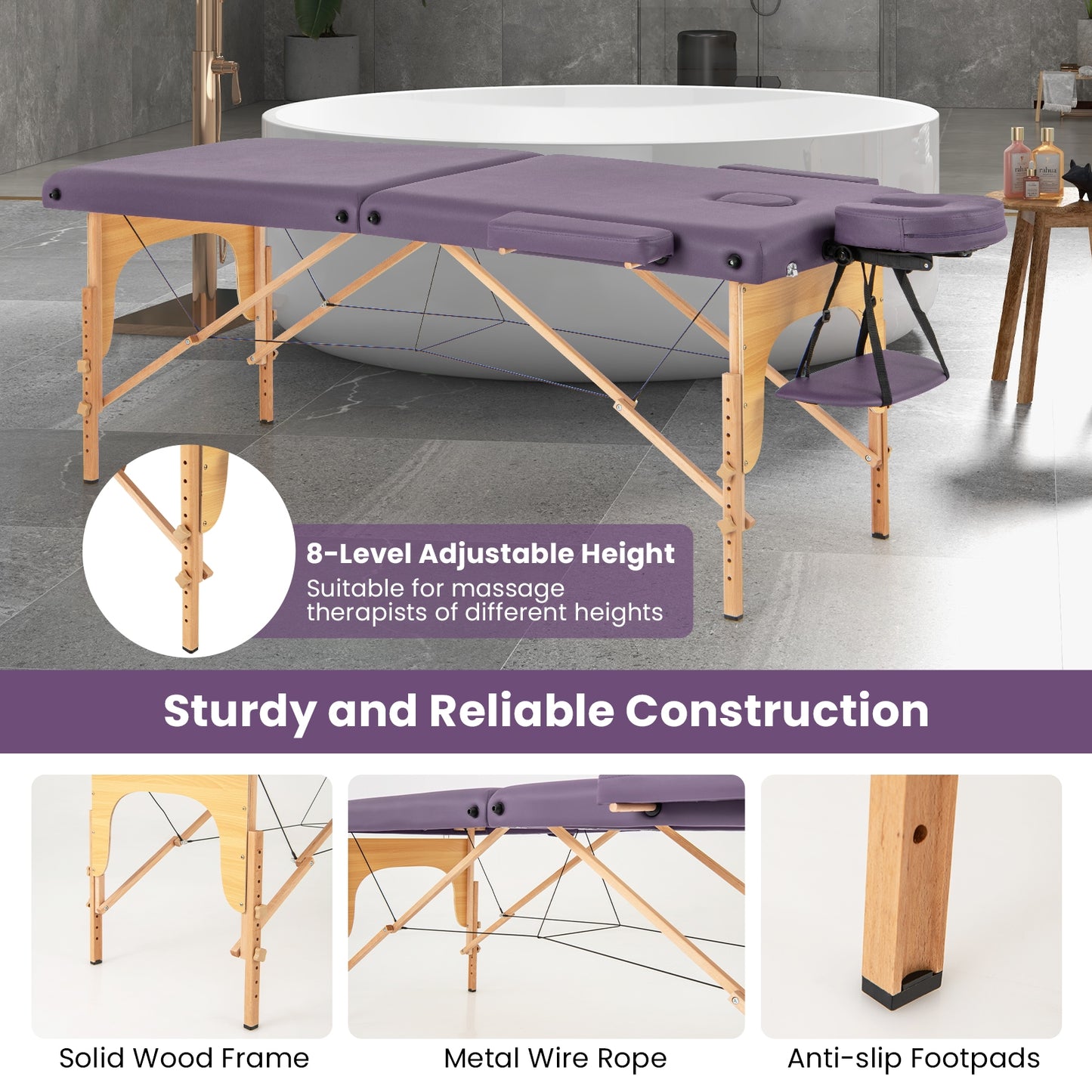 84 Inch Foldable Massage Table, Height Adjustable, Purple Spa & Salon at Gallery Canada