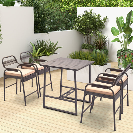 5 Piece Rattan Counter Set, 4 Stools, Polywood Bar Table, Brown Patio Bar Furniture Brown at Gallery Canada