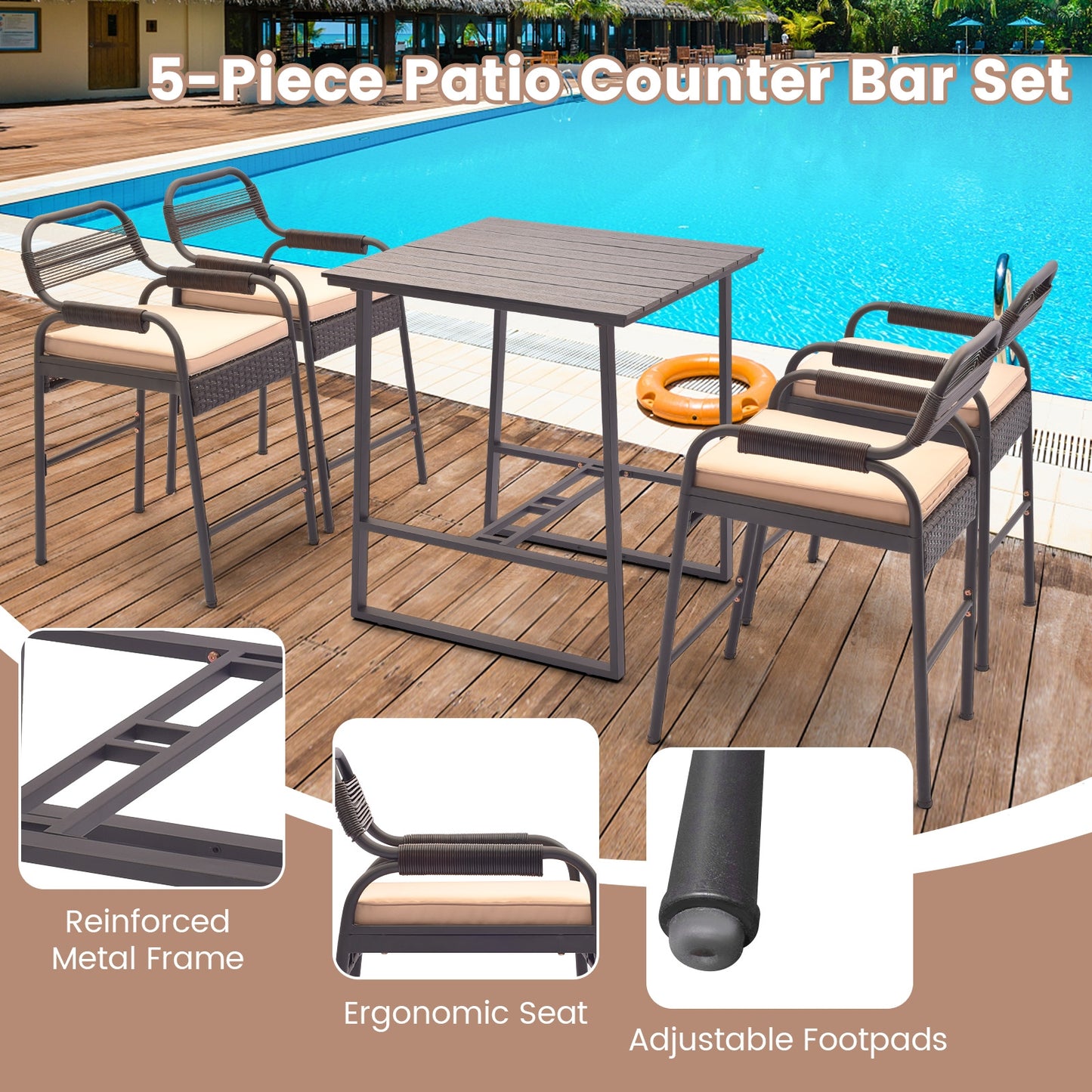 Ensemble de comptoir en rotin 5 pièces, 4 tabourets, table de bar Polywood, marron
