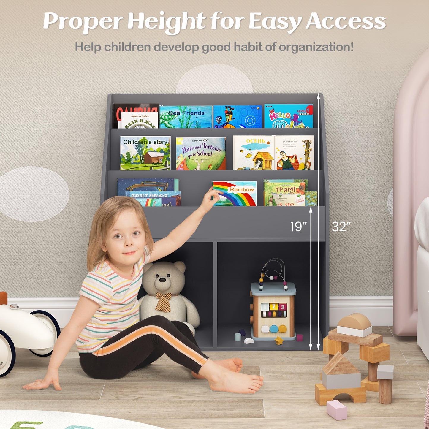 Bibliothèque en Bois pour Enfants, Armoire de Rangement pour Jouets, Gris