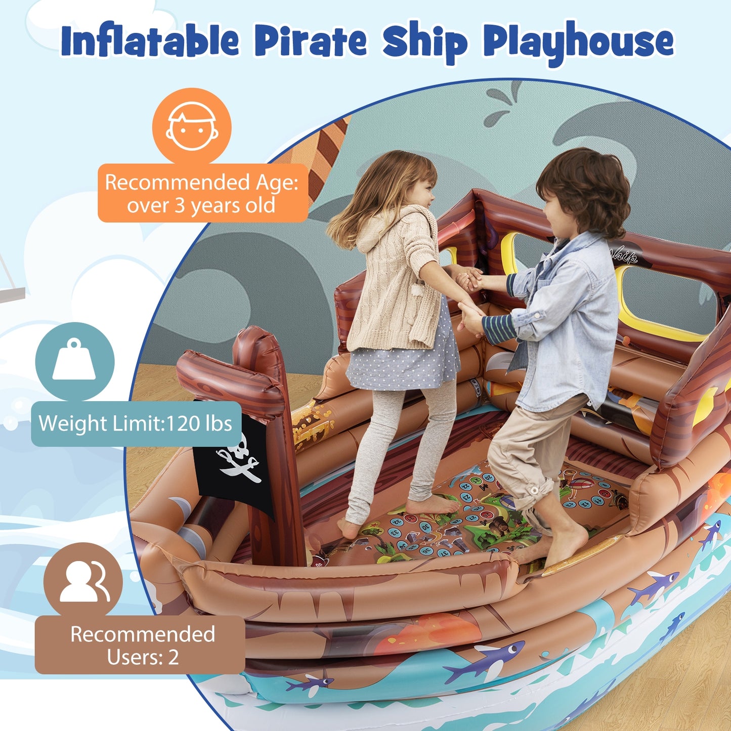 Inflatable Pirate Ship Playhouse with Built-in Motor and Inflatable Toy Sword, Brown Play Tents & Playhouse at Gallery Canada