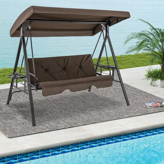 Convertible 3-Seat Swing Chair To Flat Bed, Adjustable Canopy, Brown