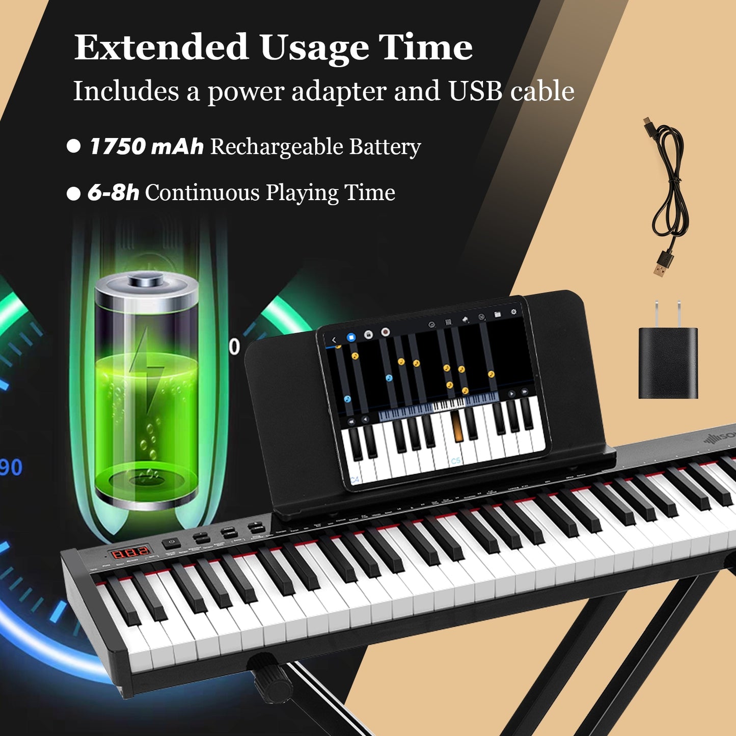 Ensemble de Piano Électronique Portable 61 Touches Avec Support, Tabouret