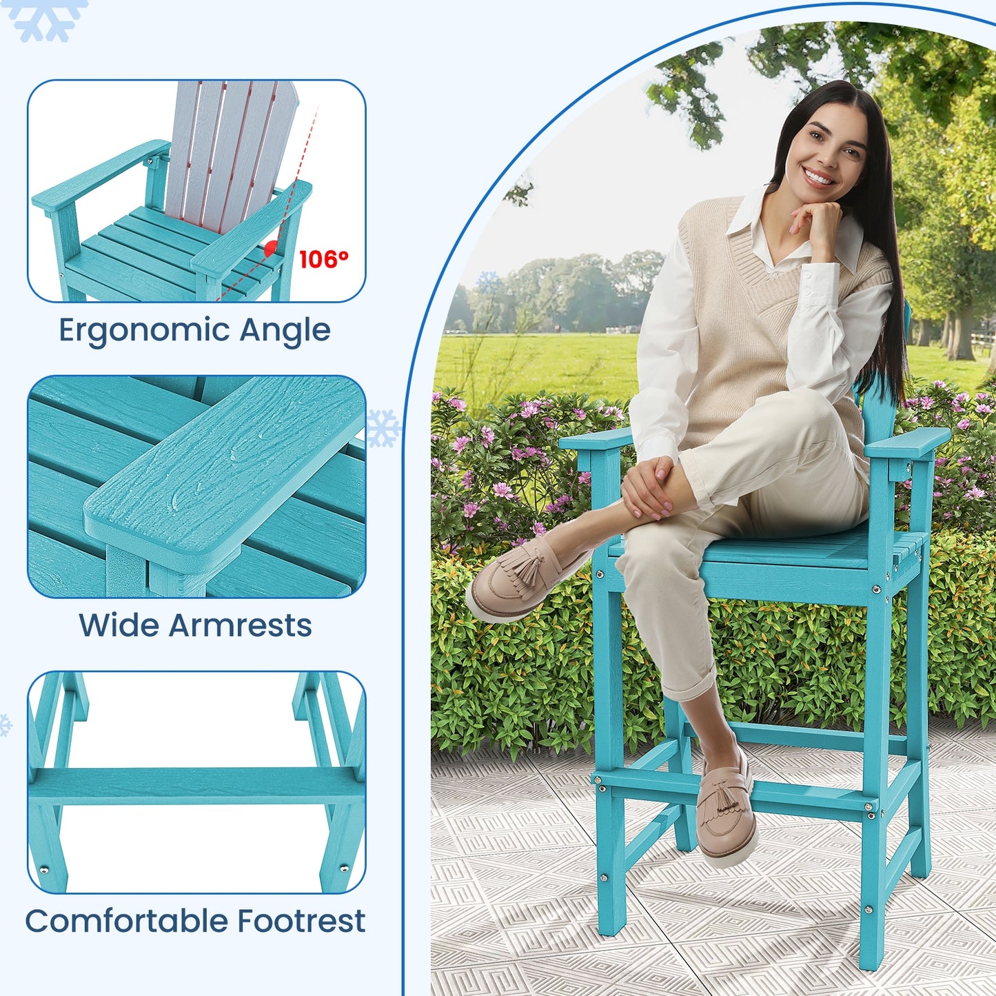 30 Inches Counter Height Outdoor HDPE Bar Stool, Armrests Footrest, Turquoise Patio Bar Furniture at Gallery Canada