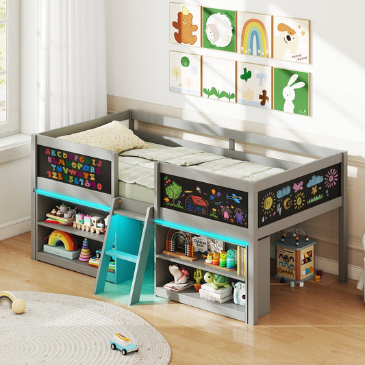 Low Loft Bed With LED Lights, Kid's Cabin Bed With Bookcases, Gray Simple Bed Frame Gray at Gallery Canada