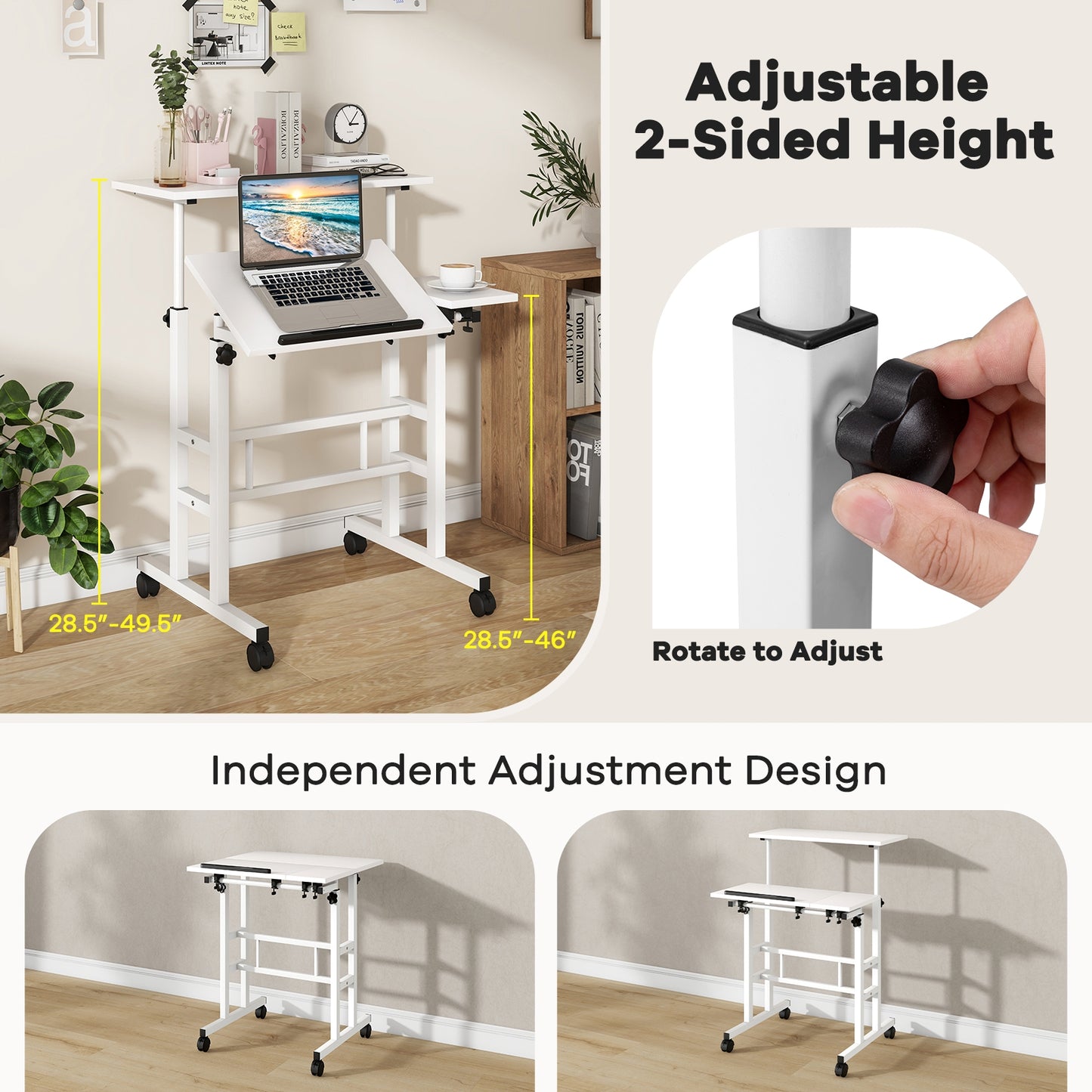 Adjustable Mobile Stand Up Desk, 2 Tilting Desktops, White Laptop Tables & Printer Stands at Gallery Canada