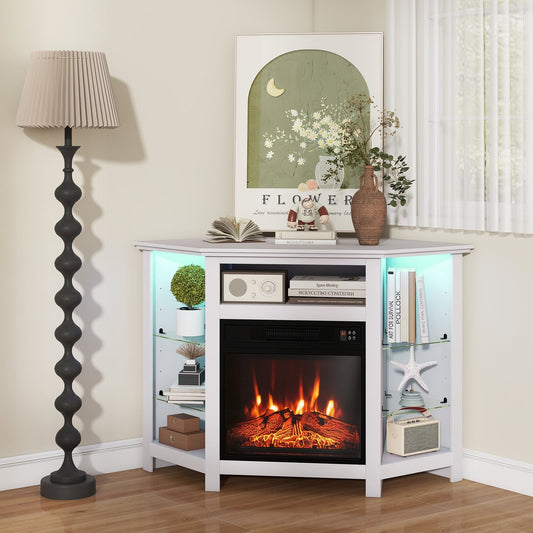 Fireplace Corner TV Stand With LED Lights, Smart App Control, 50 Inches, White Entertainment Centers & TV Stands White at Gallery Canada