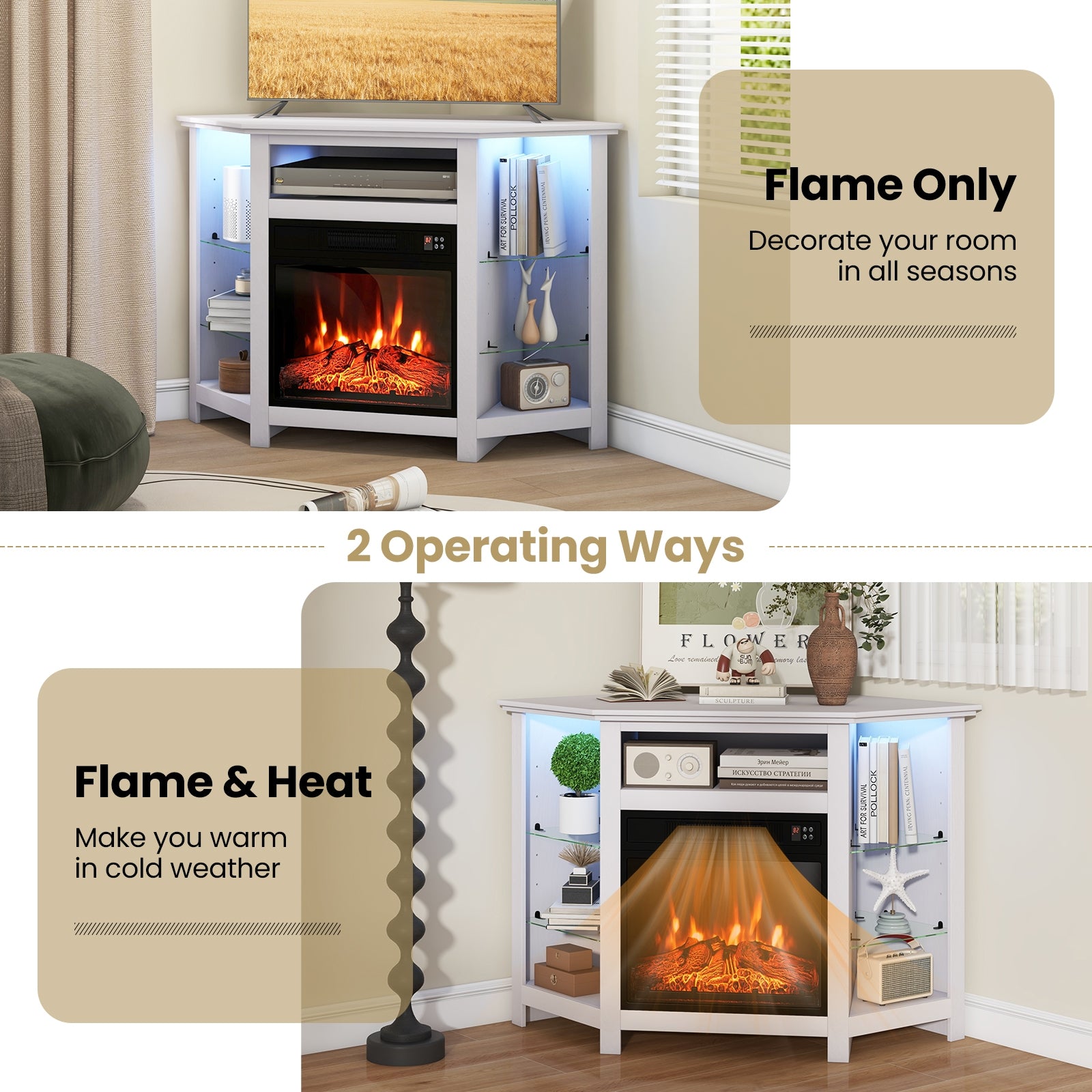 Fireplace Corner TV Stand with LED Lights and Smart APP Control for 50 Inches TV, White Entertainment Centers & TV Stands at Gallery Canada