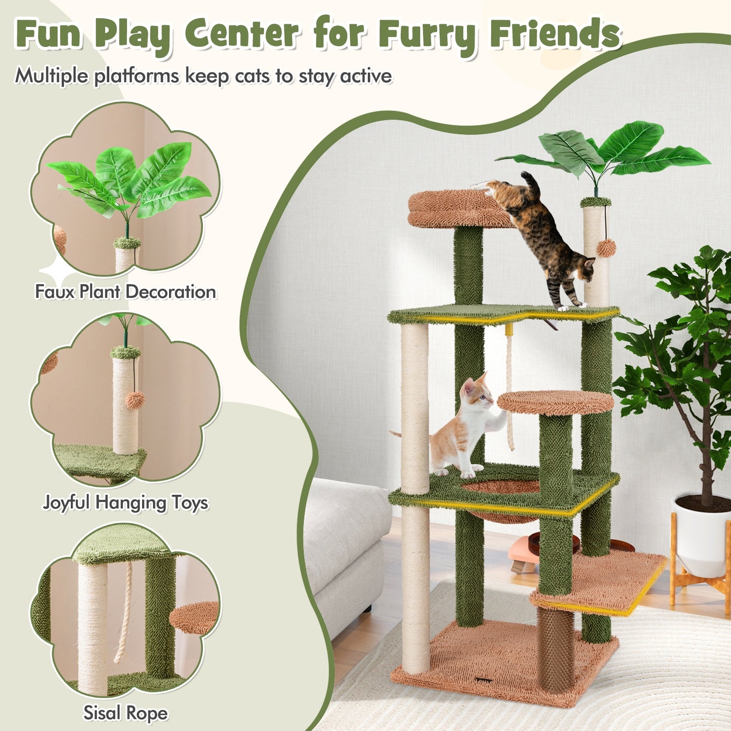Multilevel Cat Tree with Scratching Posts and Rope Plush Perch Toy Bed, Green Cat Trees Condos & Scratchers at Gallery Canada