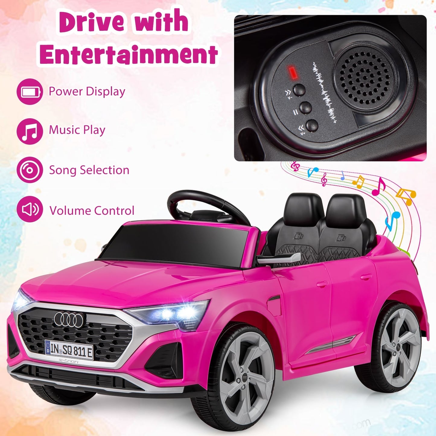 Kids Ride On Car, 12V, Remote Control, 3 Speeds, Pink