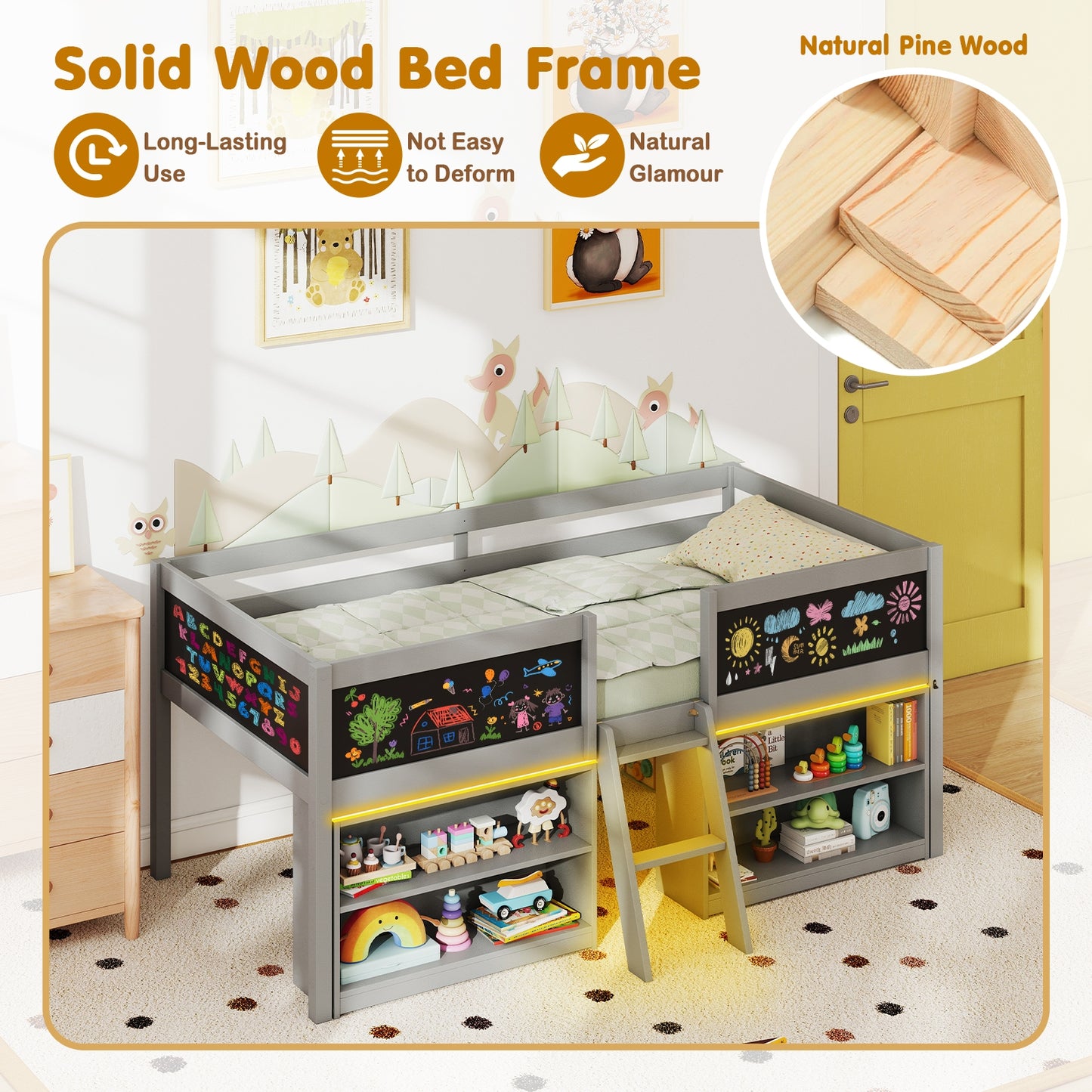 Low Loft Bed With LED Lights, Kid's Cabin Bed With Bookcases, Gray Simple Bed Frame at Gallery Canada