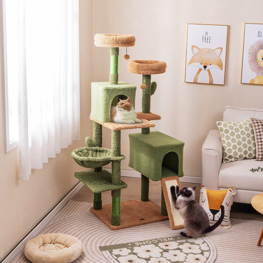 Multi-Level Cactus Cat Tree, Scratching Posts, Ladder, Double Condos, Toys Bed, Green