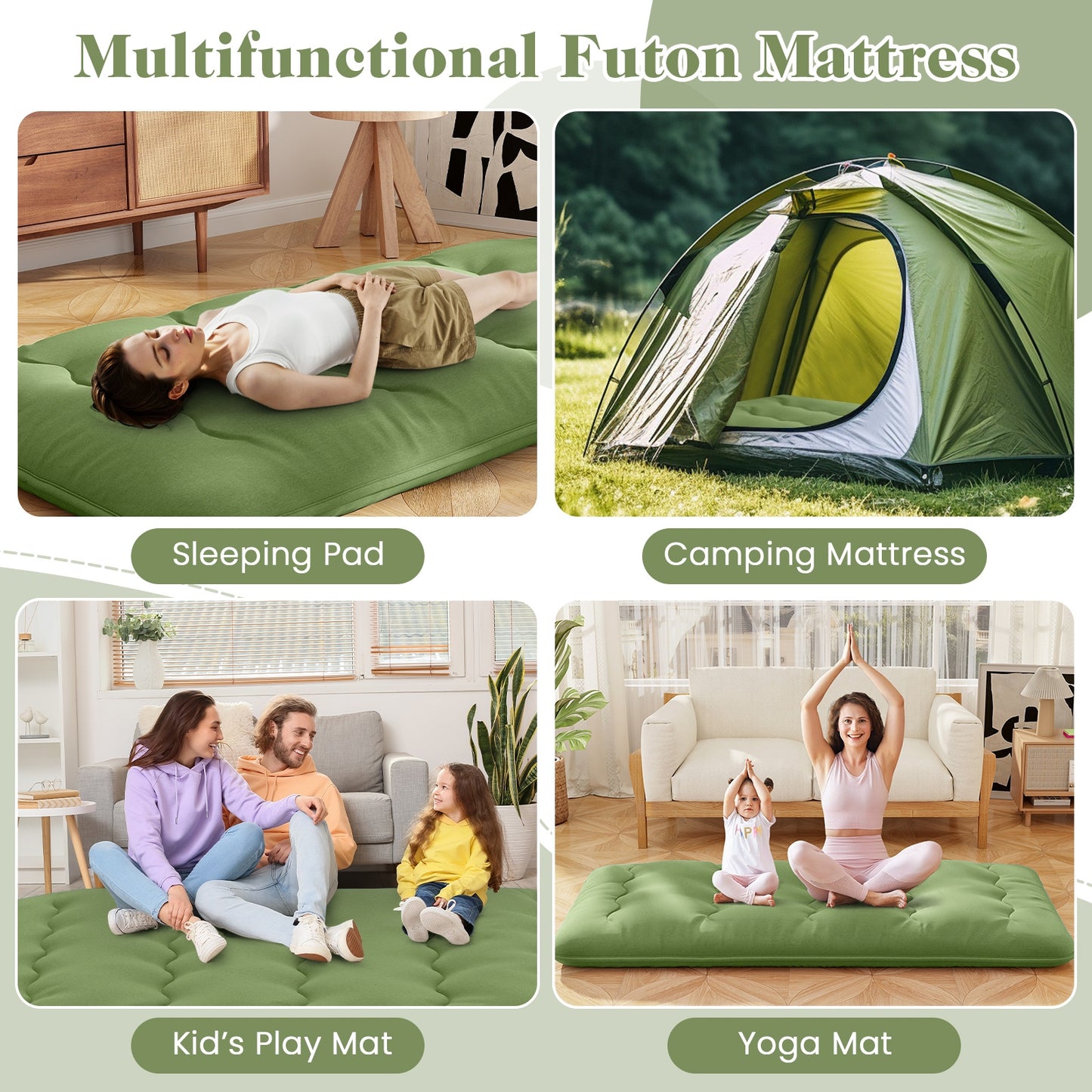 Matelas de sol avec housse lavable, sac de transport, taille jumelle, vert