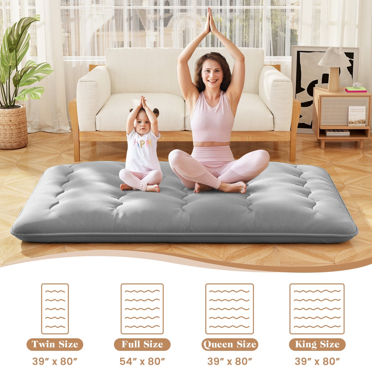 Matelas Futon Pleine Taille, Housse Lavable, Sac de Transport, Gris