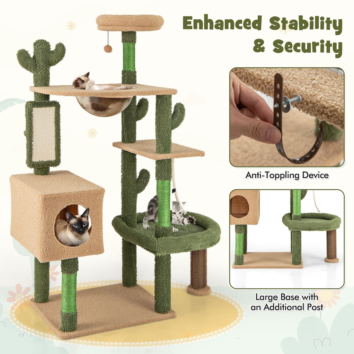 59 Inch Multilevel Cactus Cat Tree with Scratching Posts Cando Toy and Rope, Green Cat Trees Condos & Scratchers at Gallery Canada