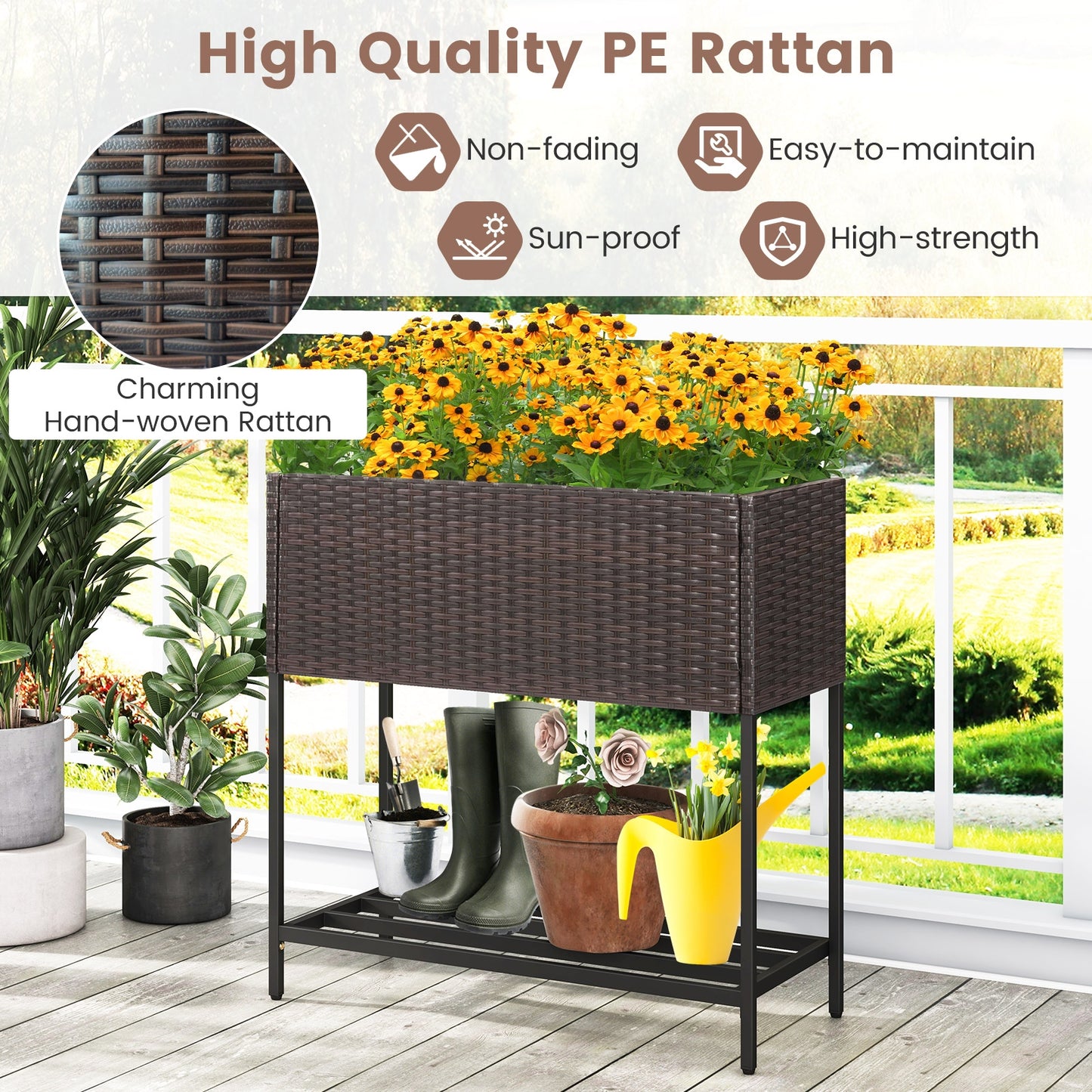 Lit de jardin surélevé en osier avec étagère de rangement, doublure amovible, marron