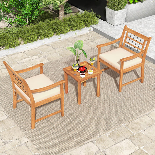 3 Piece Patio Furniture Set, Acacia Wood Frame, White
