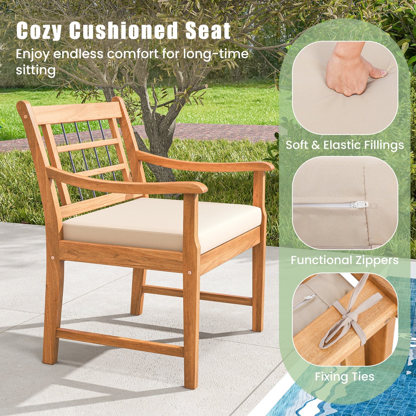 Ensemble de mobilier de patio 3 pièces, cadre en bois d'acacia, blanc