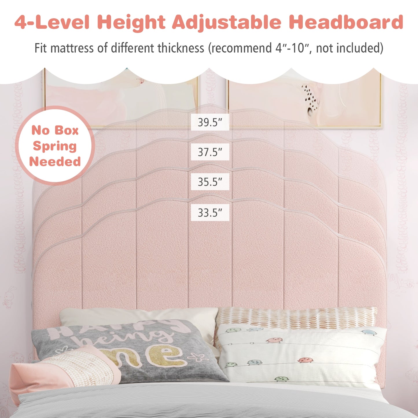 Twin Bed Frame with Height-Adjustable Headboard and Sturdy Wooden Slats, Pink Toddler Beds at Gallery Canada