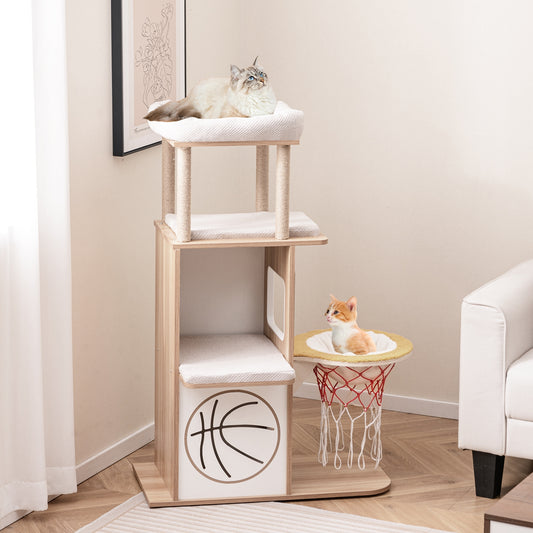 47 Inches Wooden Cat Tree, 2-Story Condo, Basketball Hoop Hammock, Natural Cat Trees Condos & Scratchers Natural at Gallery Canada