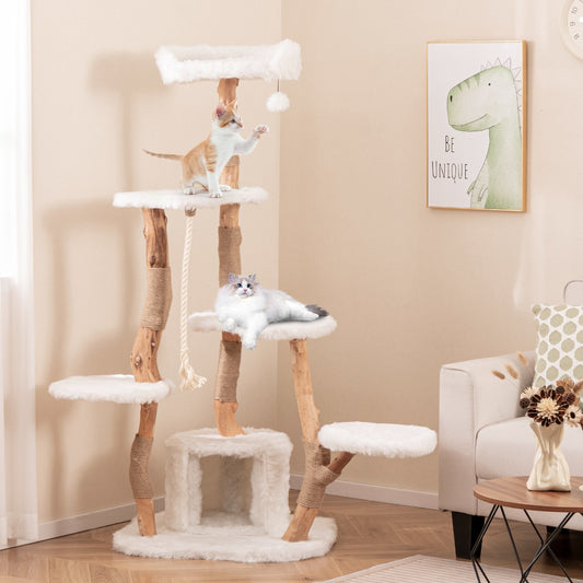 66 Inch Solid Wood Cat Tree, Modern Wooden Tower With Perch, White Cat Trees Condos & Scratchers White at Gallery Canada